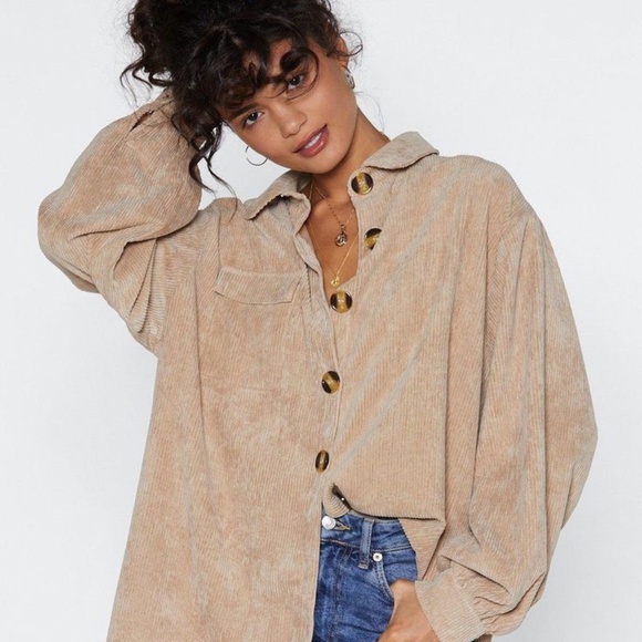Stone Oversized Corduroy Pocket Button Down - Picture 1 of 4